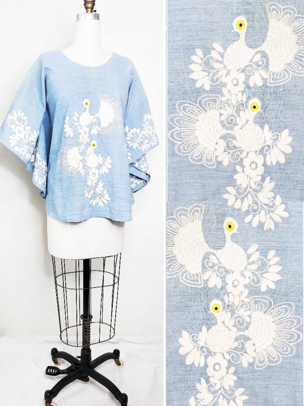 Vintage Jobea Womens Mexican Top Blouse Tunic White Peacock Embroidered Chambray